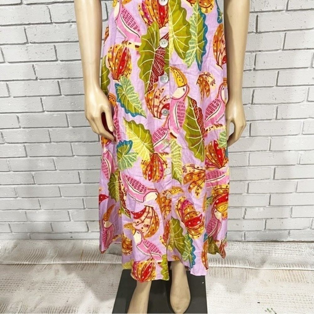 Farm Rio Lilac Beaks and Bananas Print Cutout Midi Dress Button Front Womens | M - Picture 5 of 16